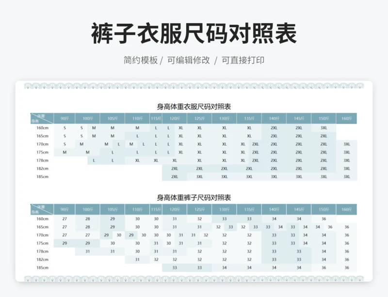 衣服裤子尺码对照表