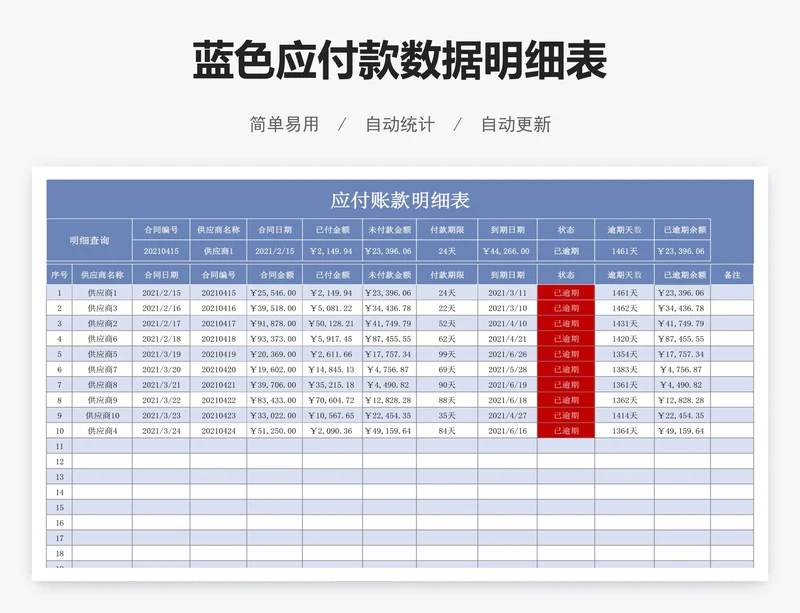 蓝色应付款数据明细表