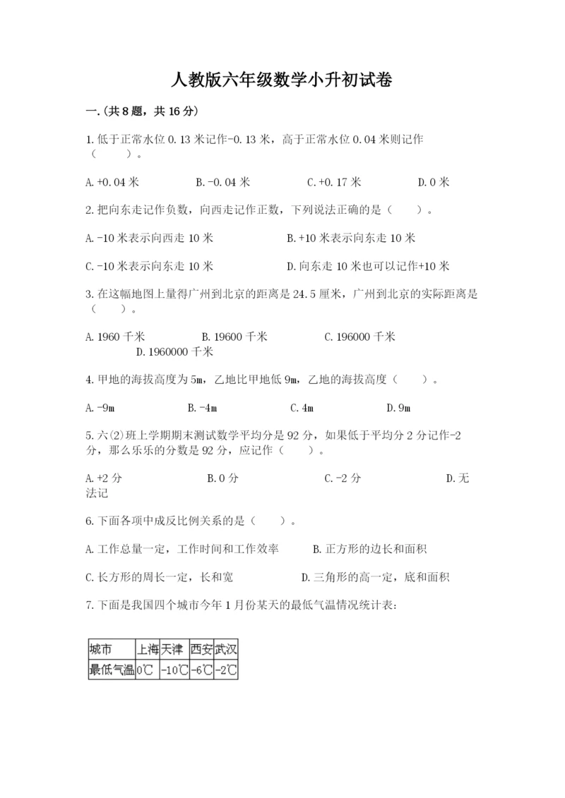 人教版六年级数学小升初试卷含答案【能力提升】.docx