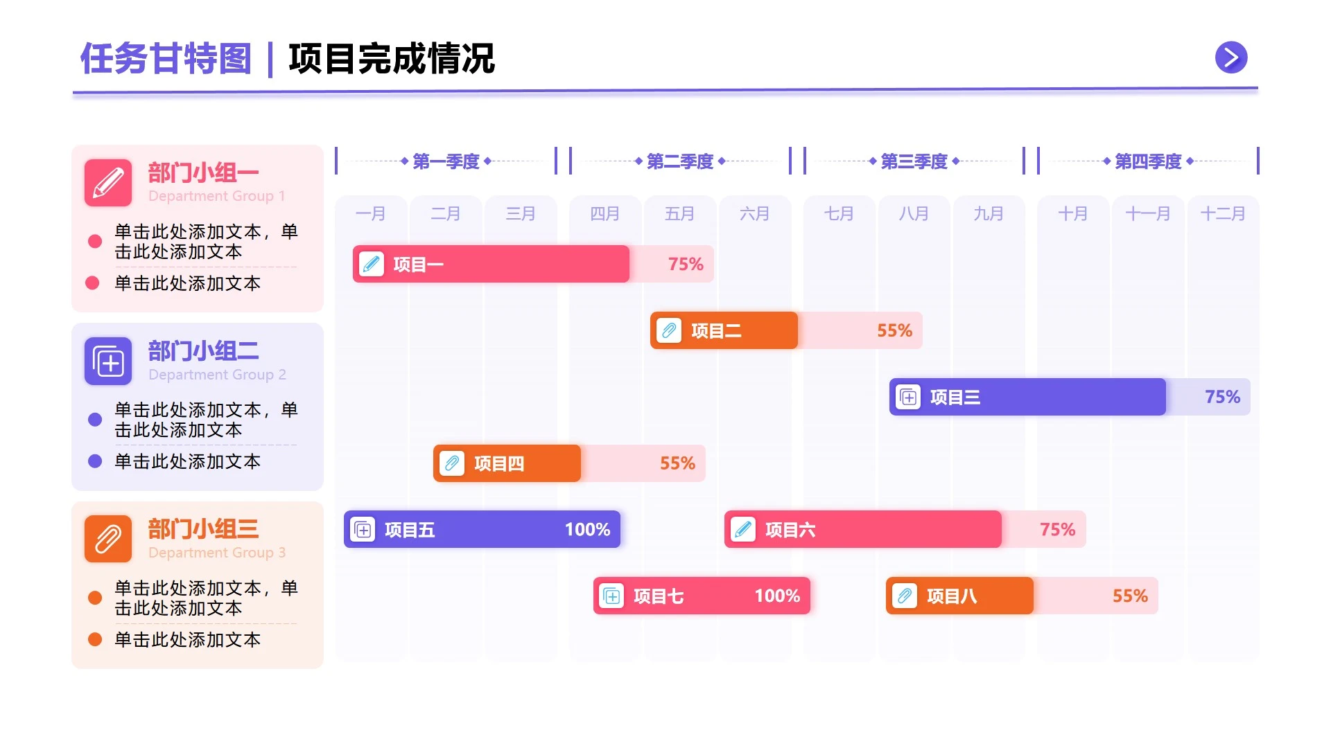 紫粉色简约几何任务甘特图正文页PPT单页