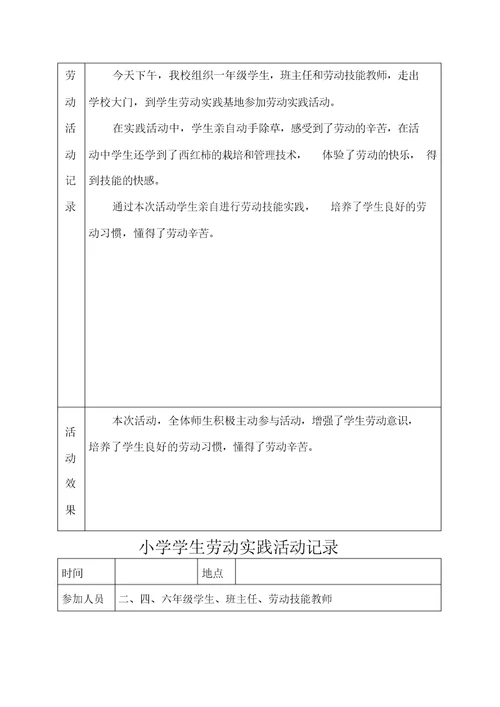 小学学生劳动实践活动记录文本