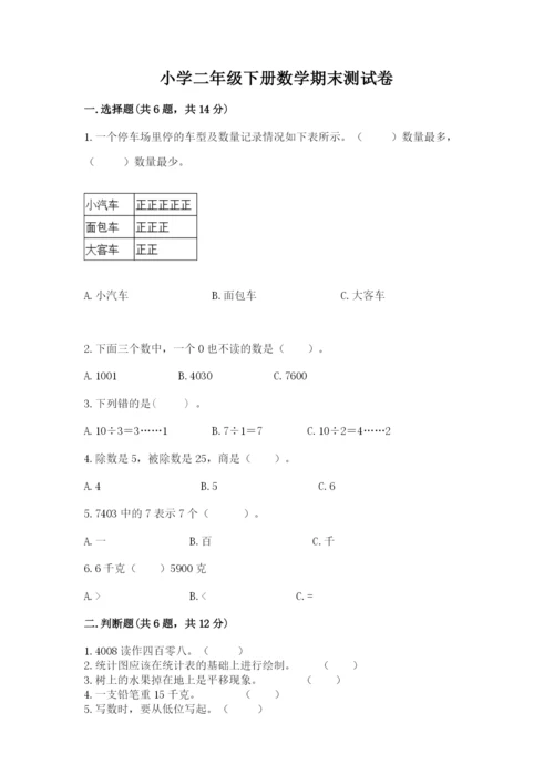 小学二年级下册数学期末测试卷含答案（黄金题型）.docx