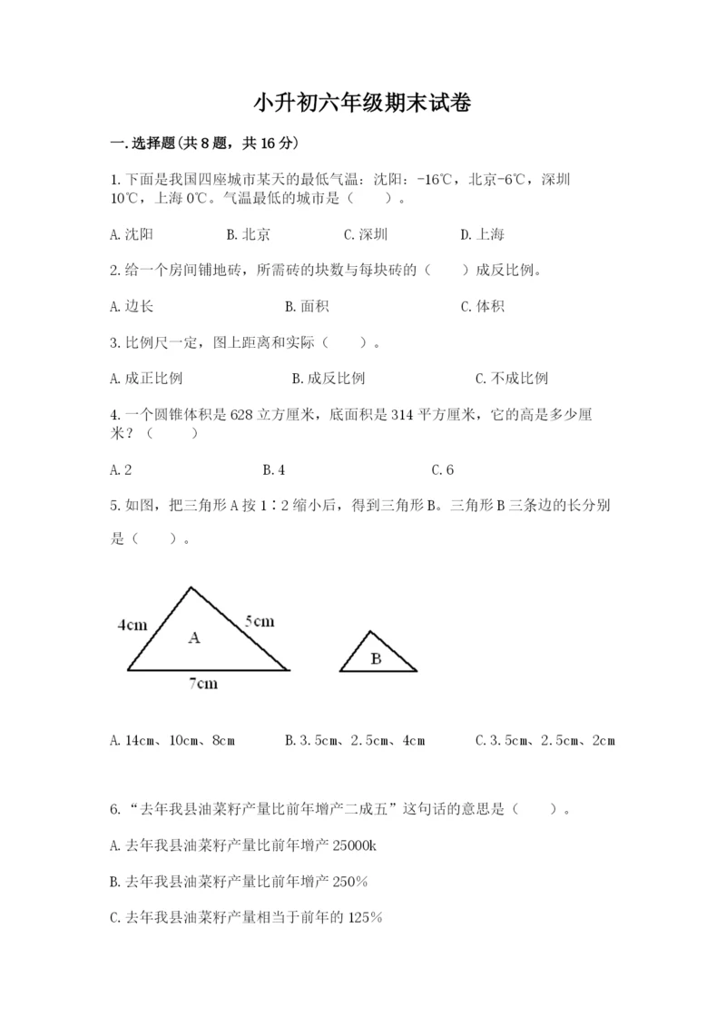 小升初六年级期末试卷附参考答案（能力提升）.docx