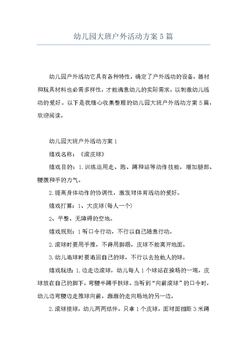 幼儿园大班户外活动方案5篇