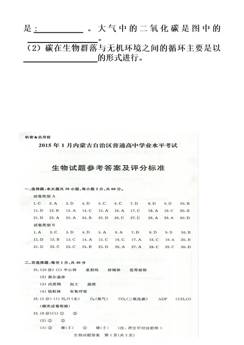 2015年内蒙古普通高中学业水平测试生物考试试卷模板