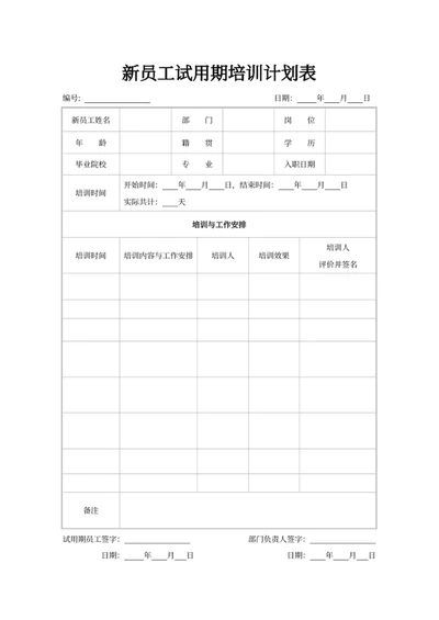 新员工试用期培训计划表
