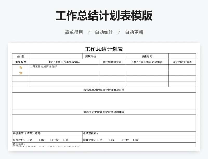 工作总结计划表模版