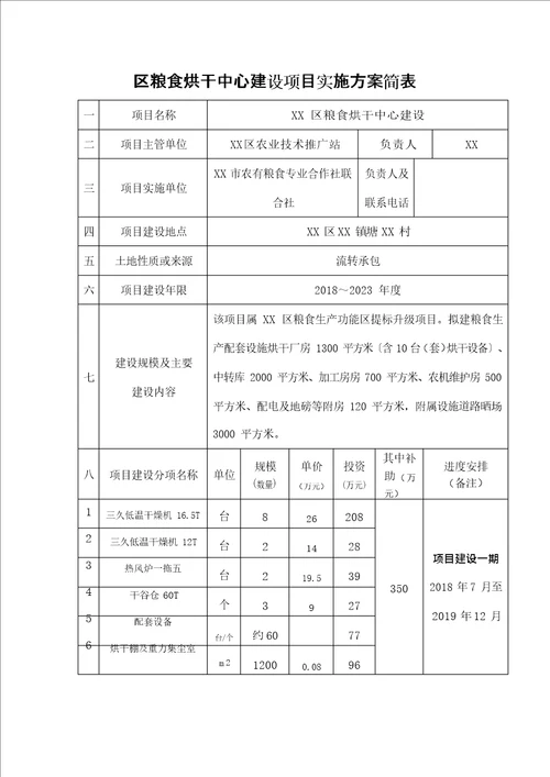 区粮食烘干中心建设项目实施方案简表模板