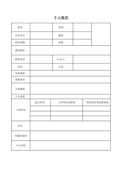简单个人简历表格模板空白通用