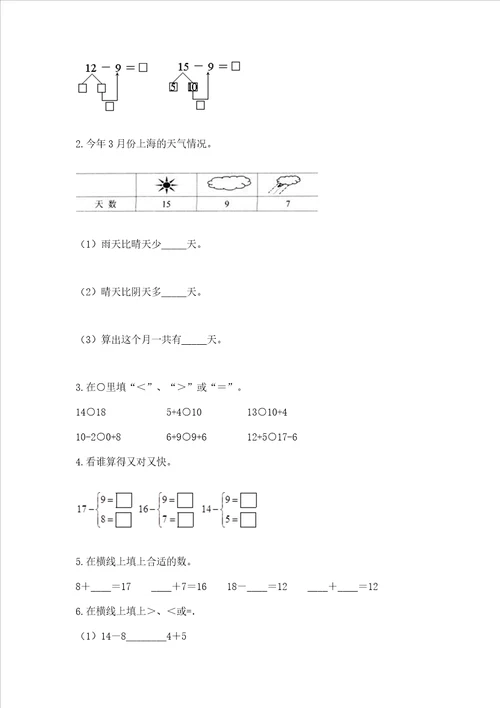 沪教版一年级上册数学第三单元20以内的数及其加减法测试卷基础题