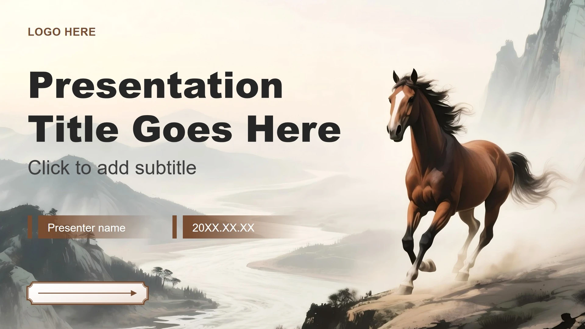 棕灰色水墨中国风马年春节庆典活动PPT主题模板