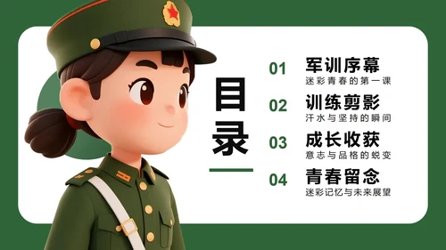 绿色3D卡通风新生入学军训记录PPT模板