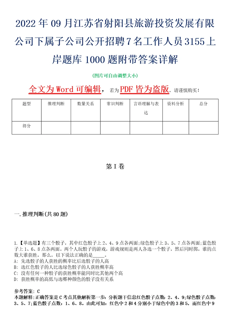 2022年09月江苏省射阳县旅游投资发展有限公司下属子公司公开招聘7名工作人员3155上岸题库1000题附带答案详解