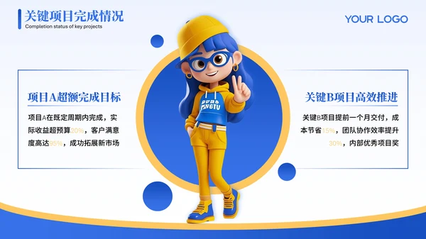 蓝色3D可爱小人工作汇报PPT模版