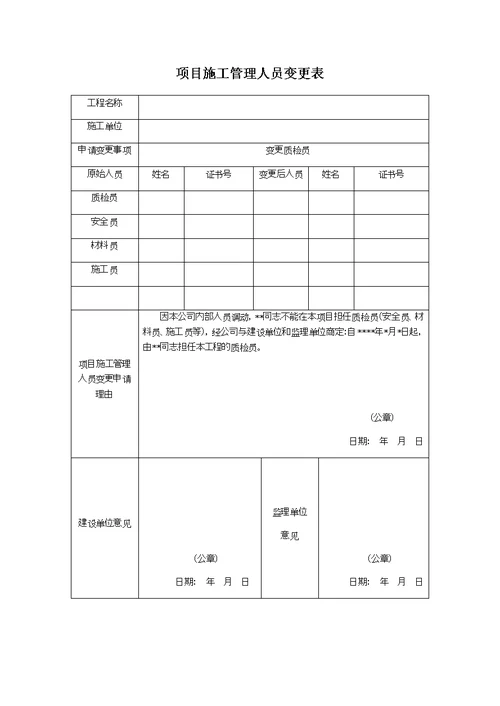 项目施工管理人员变更表--模板