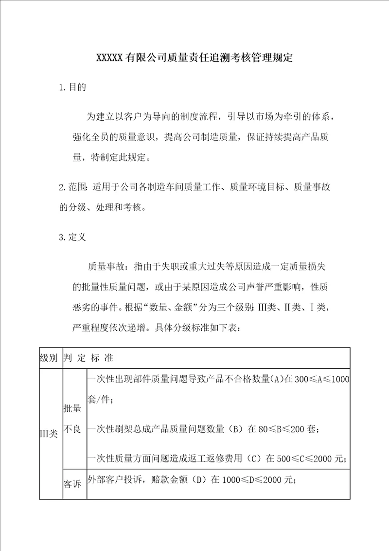 XXXXX有限公司质量责任追溯考核管理规定