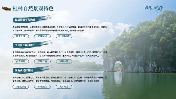 蓝色质感广西桂林山水文旅融合新路径PPT模板