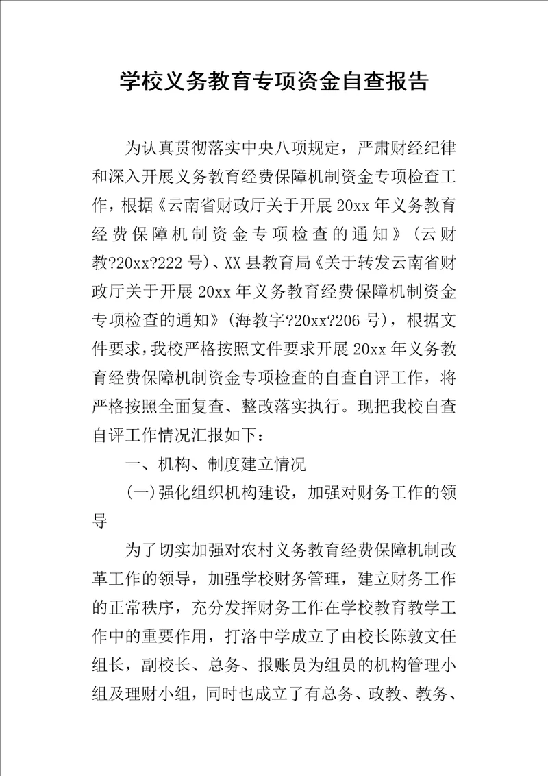 学校义务教育专项资金的自查报告