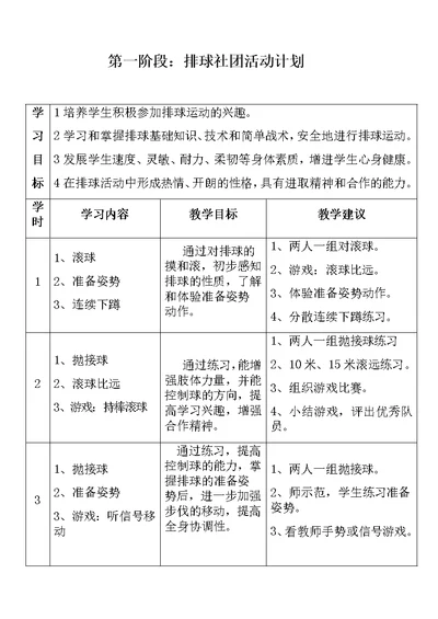 排球社团活动课计划及教案（16课）