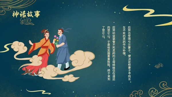 蓝色绿色古风中国风中秋节嫦娥奔月PPT模板课件神话故事