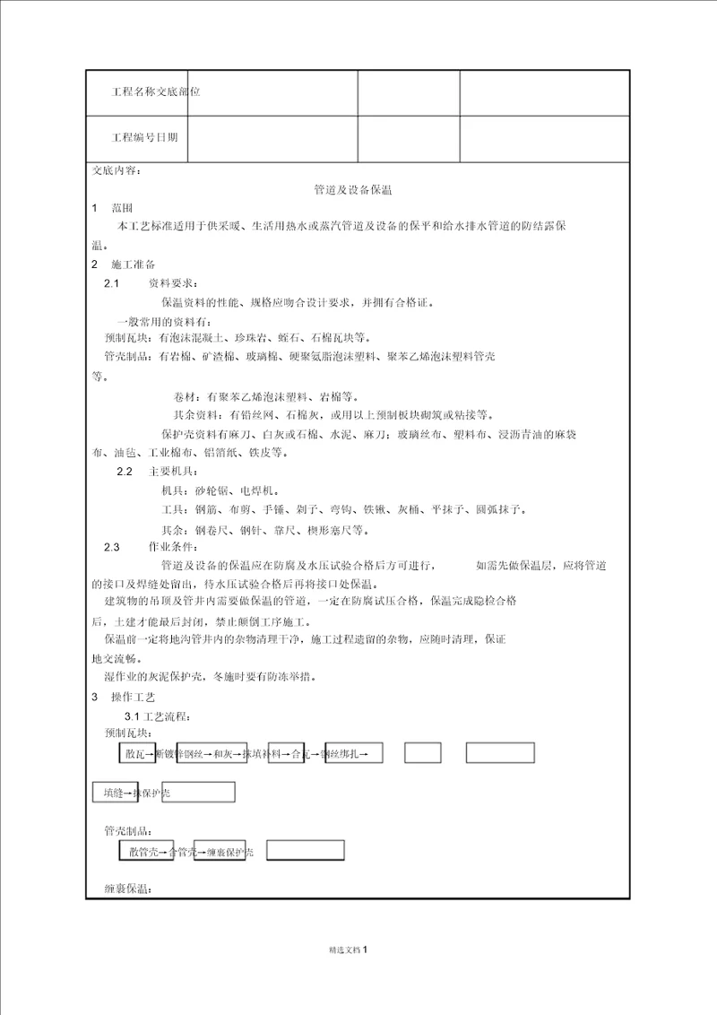 工艺管道及设备保温技术交底作业指导书
