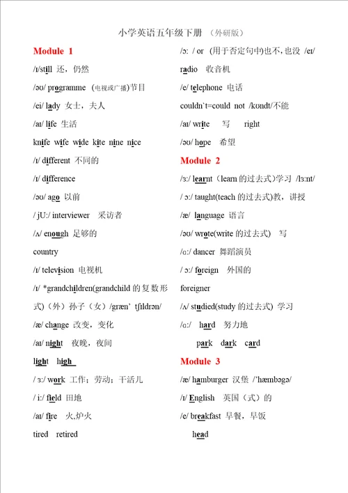 五年级下册英语单词外研