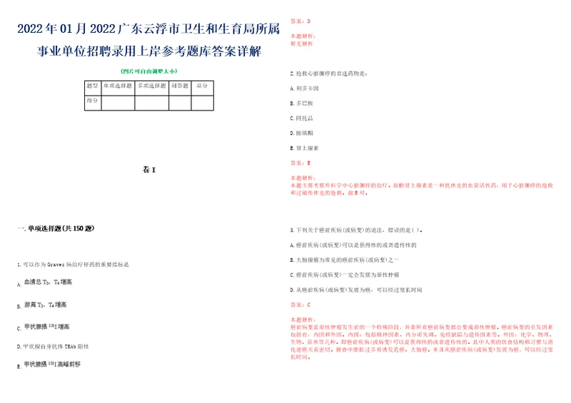 2022年01月2022广东云浮市卫生和生育局所属事业单位招聘录用上岸参考题库答案详解