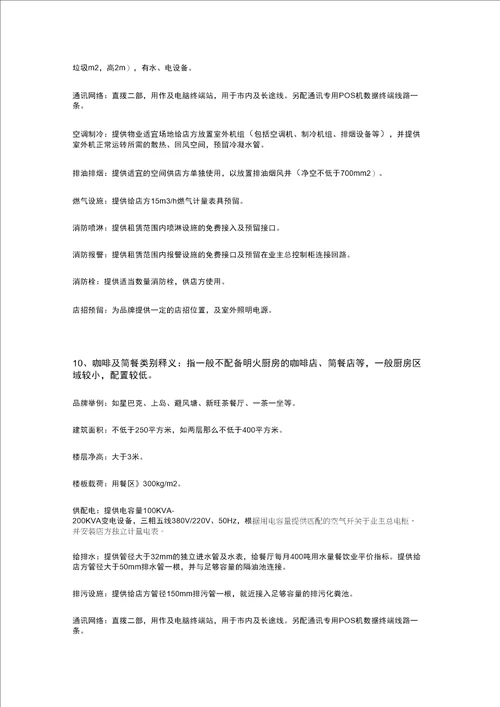 各商业业态物业条件及工程技术要求参考