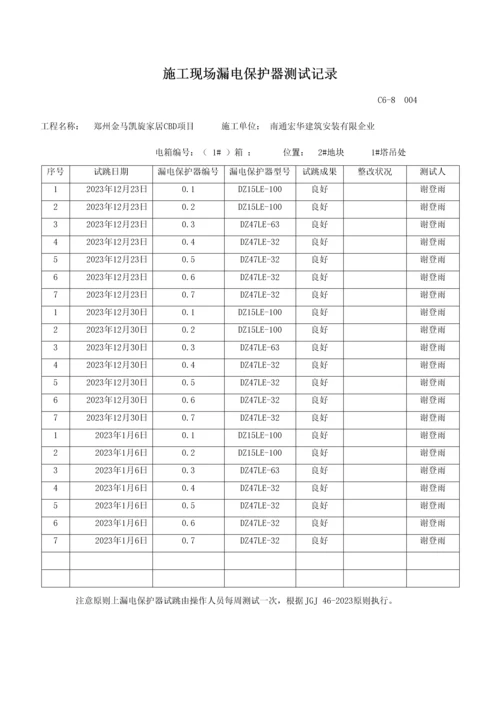 施工现场漏电保护器测试记录塔吊处.docx