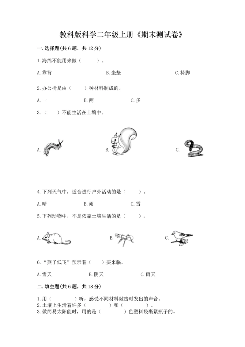 教科版科学二年级上册《期末测试卷》【典优】.docx