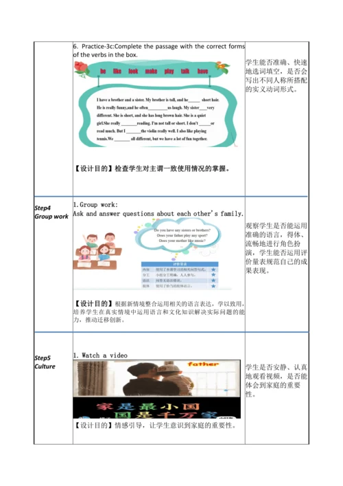 Unit 2 We’re Family  Section  A Grammar 3a-3d教学设计【