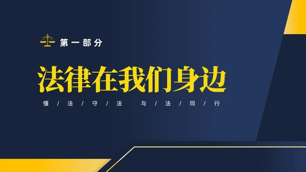 黄蓝双色简约商务大气知法懂法与法同行公司法律知识讲座宣传PP世界法律日
