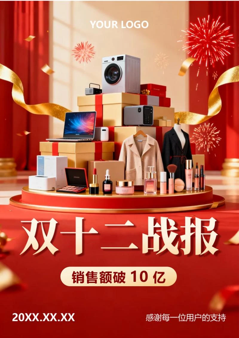 红色喜庆风电商双十二战报海报