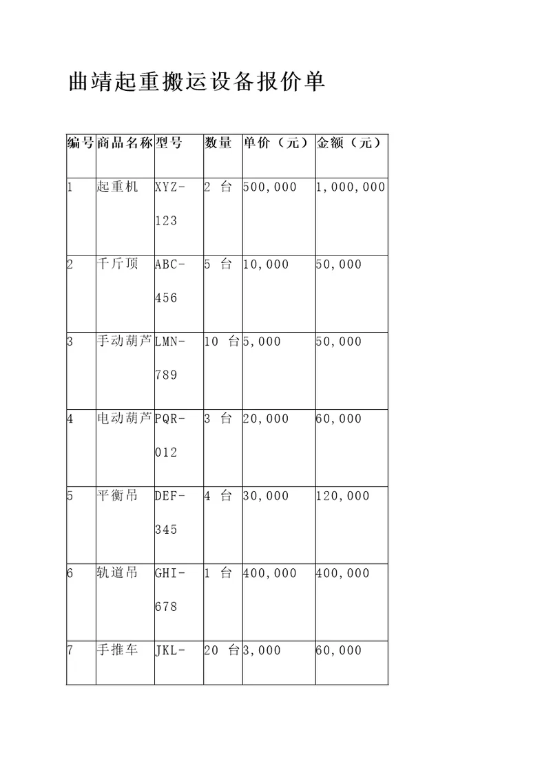 曲靖起重搬运设备报价单