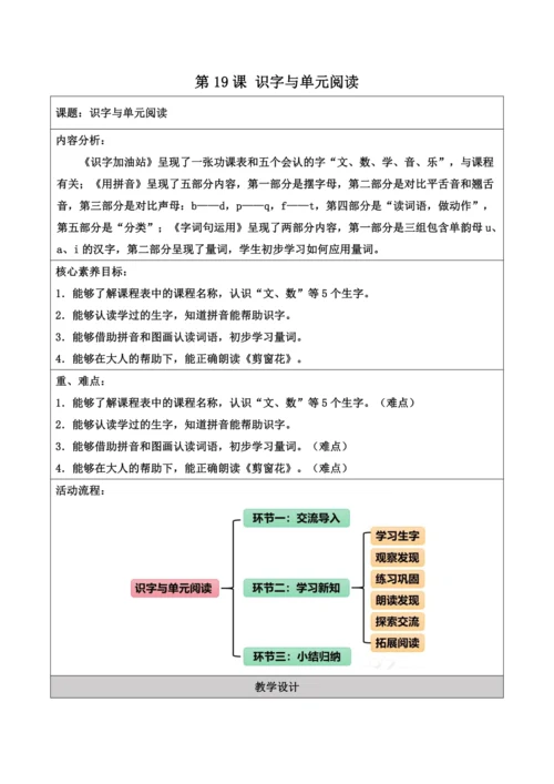 部编1A 第2单元 第19课 识字与单元阅读 教学设计