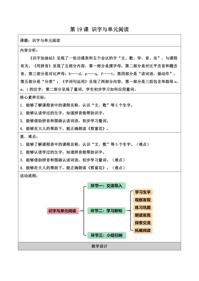 部编1A 第2单元 第19课 识字与单元阅读 教学设计