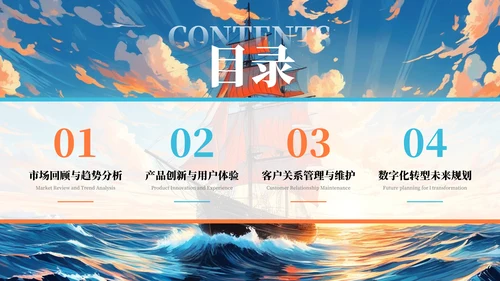 橙色插画风乘风破浪扬帆起航年终总结报告PPT模板