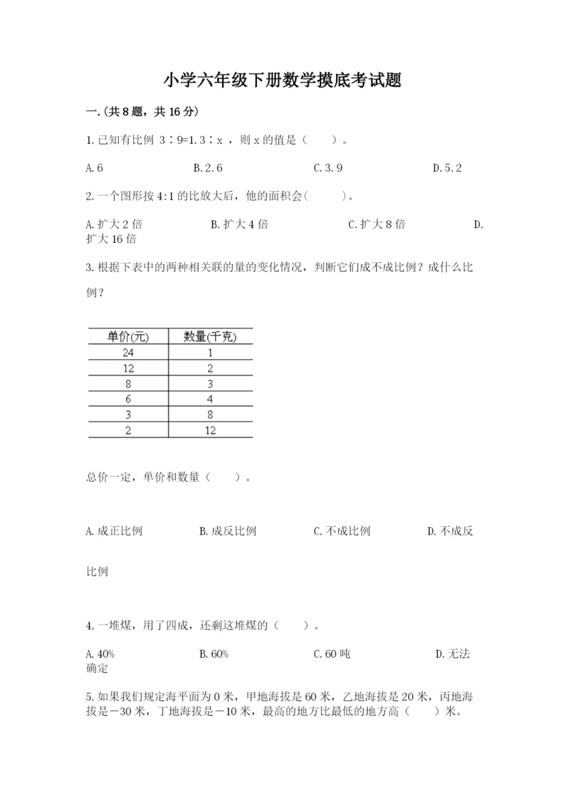 小学六年级下册数学摸底考试题附答案【夺分金卷】.docx