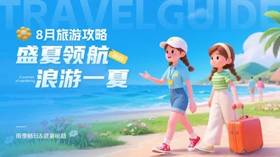 蓝金色3D立体风8月旅游攻略旅游游玩路线