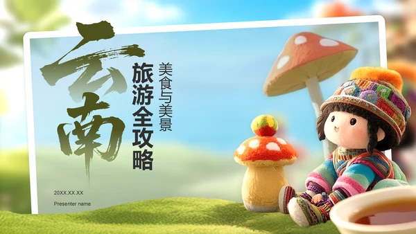 绿色3D风云南旅游全攻略：美景与美食PPT模板