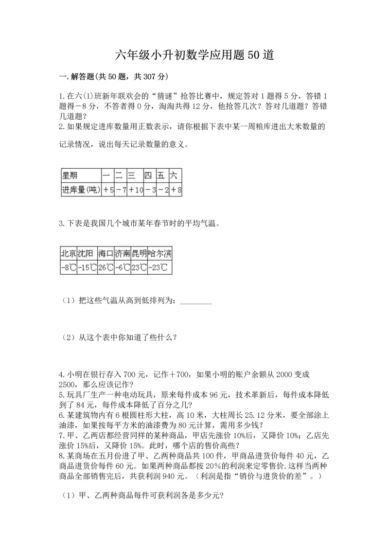 六年级小升初数学应用题50道带答案（培优）.docx