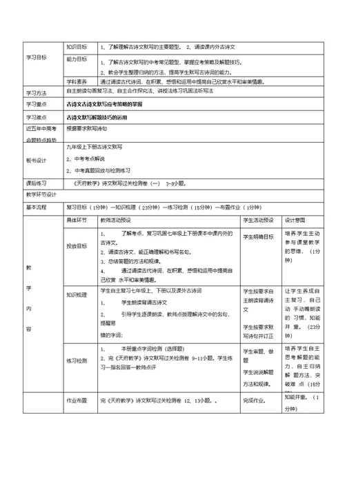 中考语文复习总结古诗文默写教案教学设计