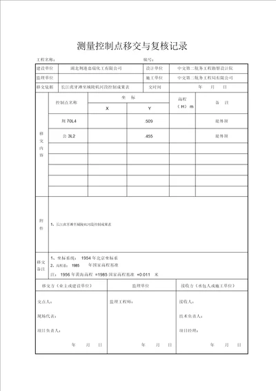 测量控制点移交与复核记录