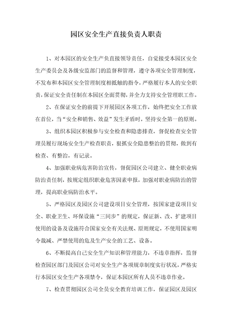 园区安全生产直接责任人职责