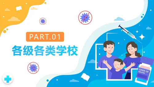 黄蓝拼色卡通校园疫情防控防疫PPT模板