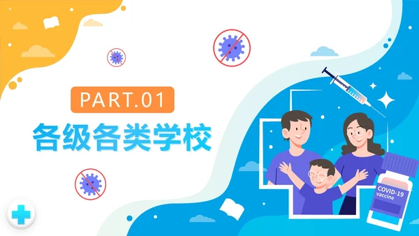 黄蓝拼色卡通校园疫情防控防疫PPT模板