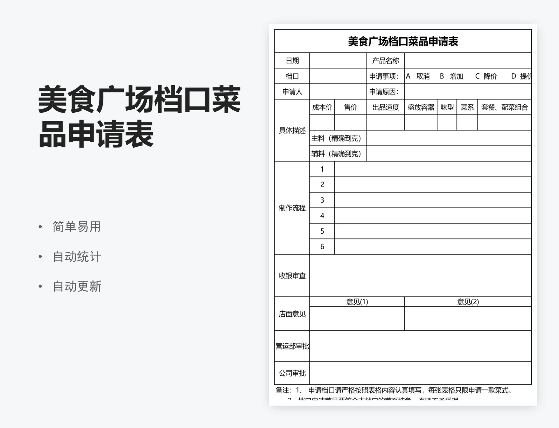 美食广场档口菜品申请表