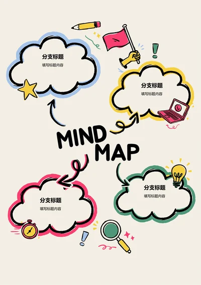 彩色手绘卡通树状基本思维导图