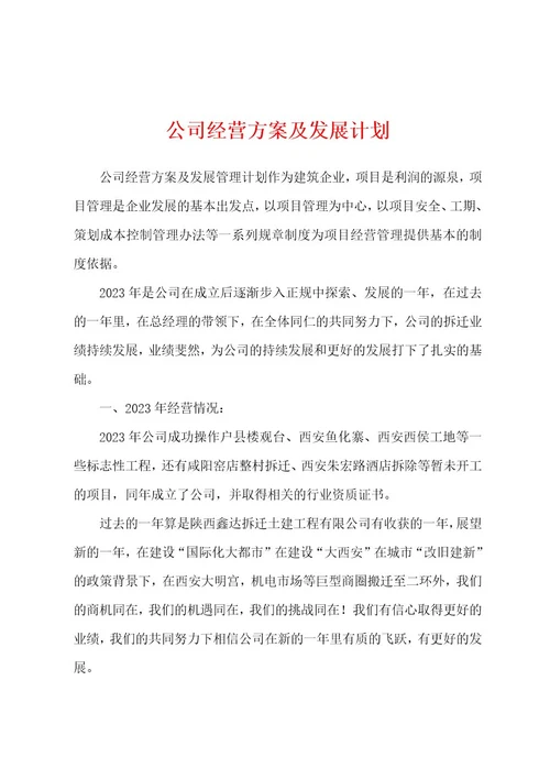 公司经营方案及发展计划