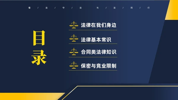 黄蓝双色简约商务大气知法懂法与法同行公司法律知识讲座宣传PP世界法律日
